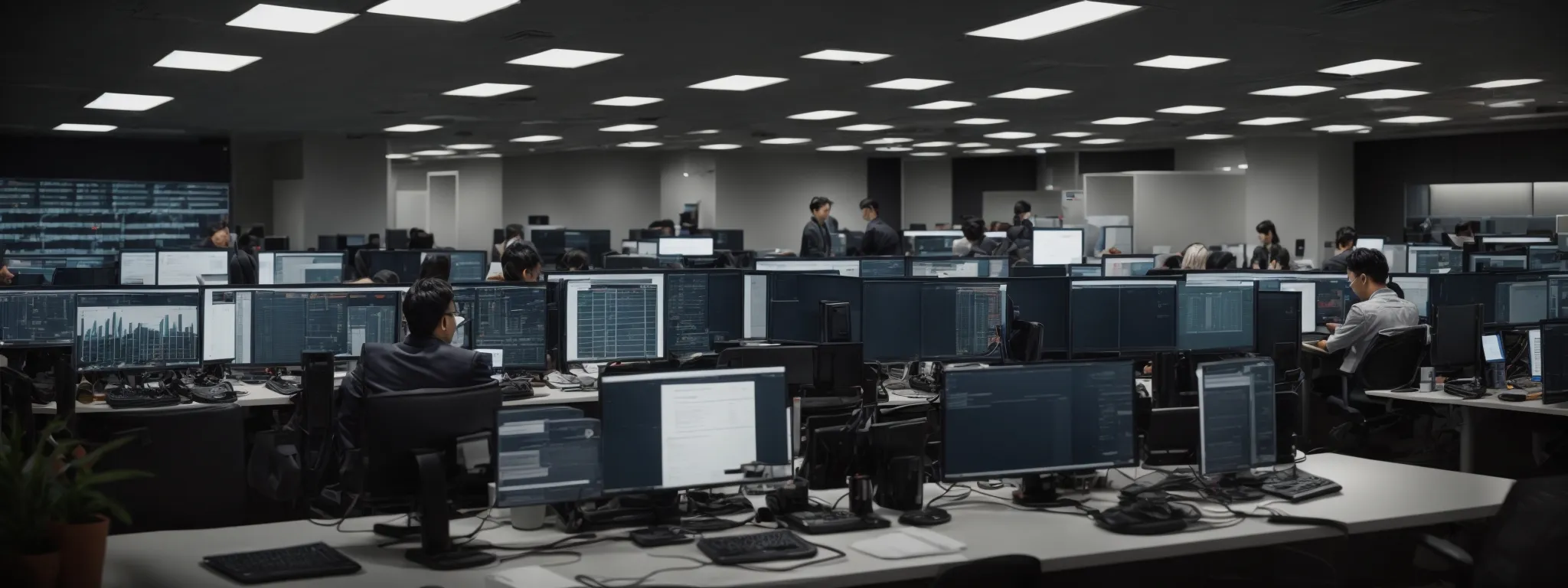 a bustling digital marketing office with professionals analyzing seo data on computer screens.