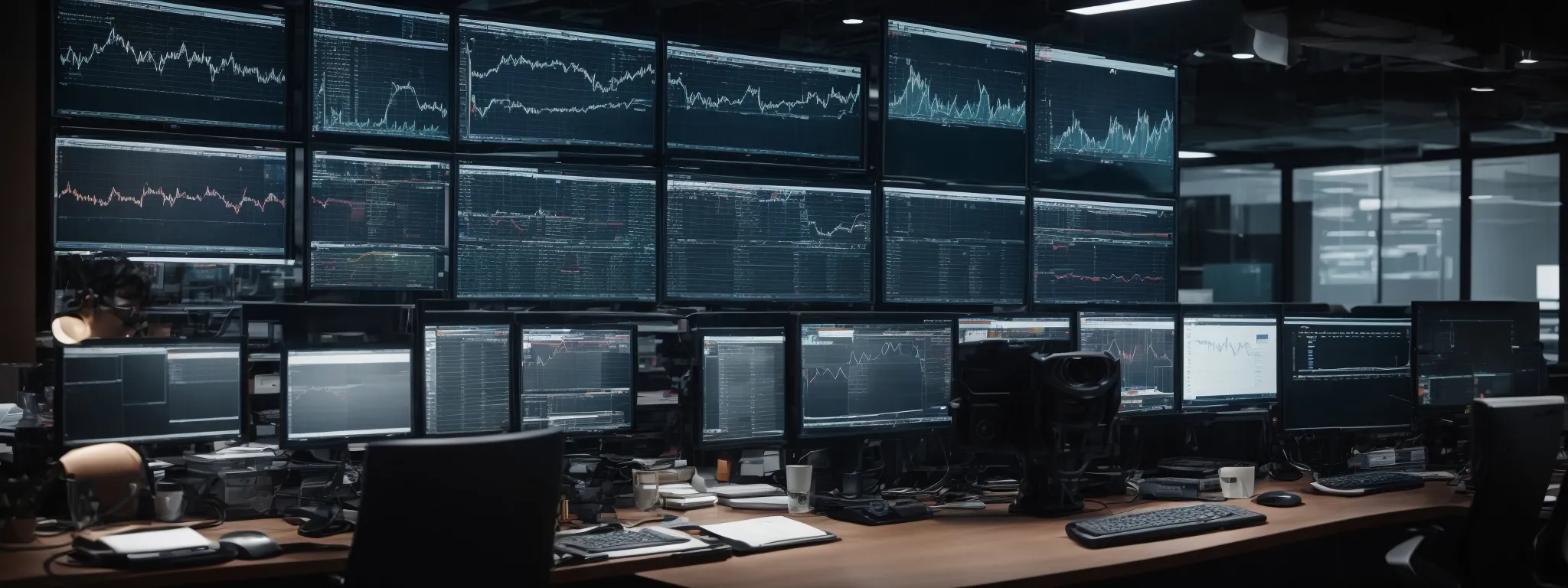 a modern office environment with multiple computer screens displaying charts and graphs, indicative of ongoing data analysis and seo performance monitoring.