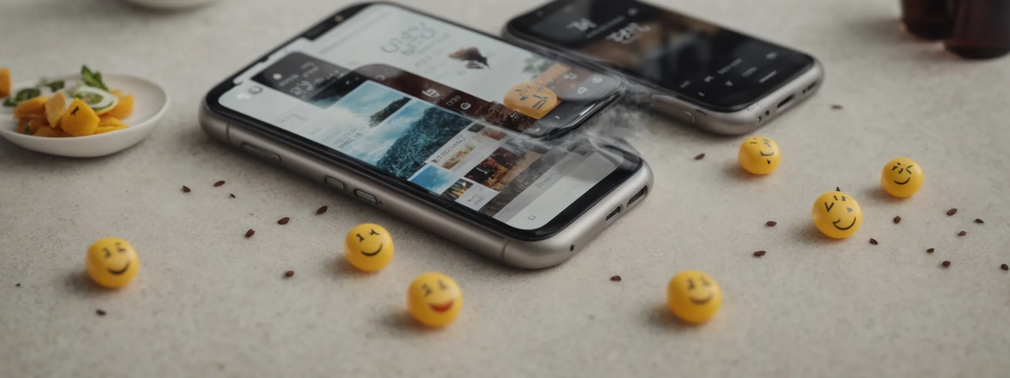 a smartphone displaying search results, with emoji-enhanced snippets standing out among the plain text entries.
