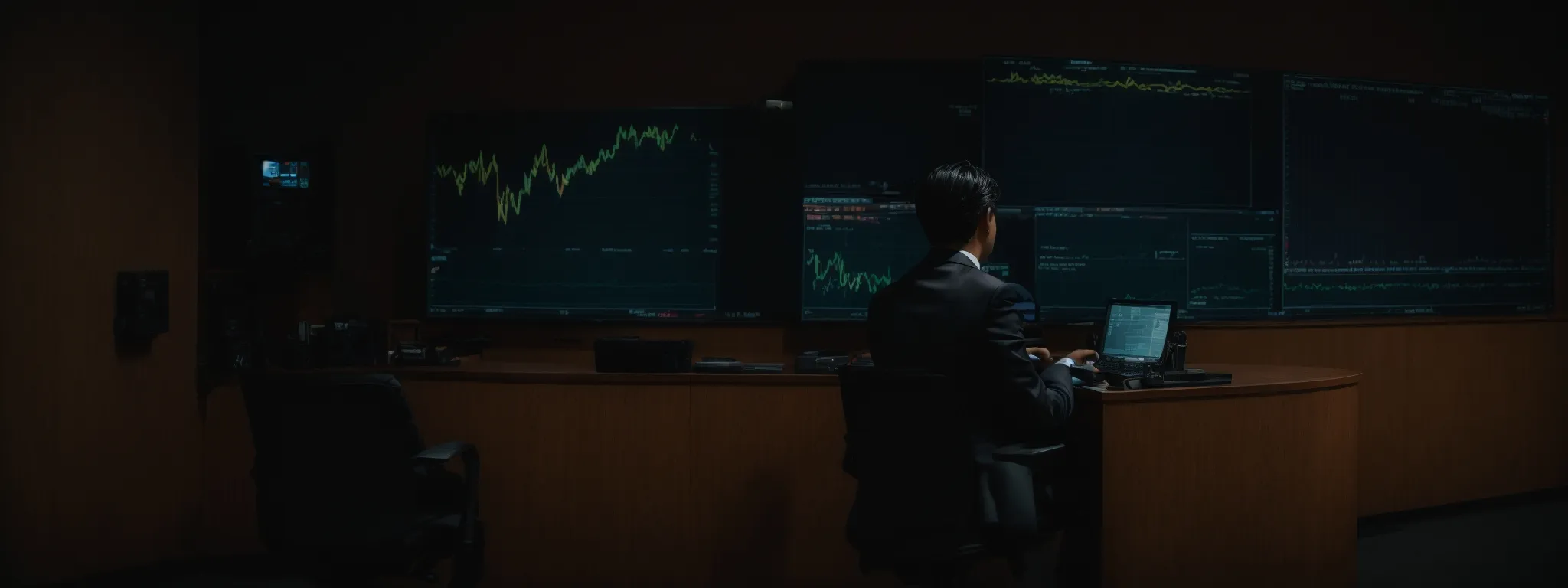 a business professional looks with concern at a declining graph on a screen amid a room with darkened screens.