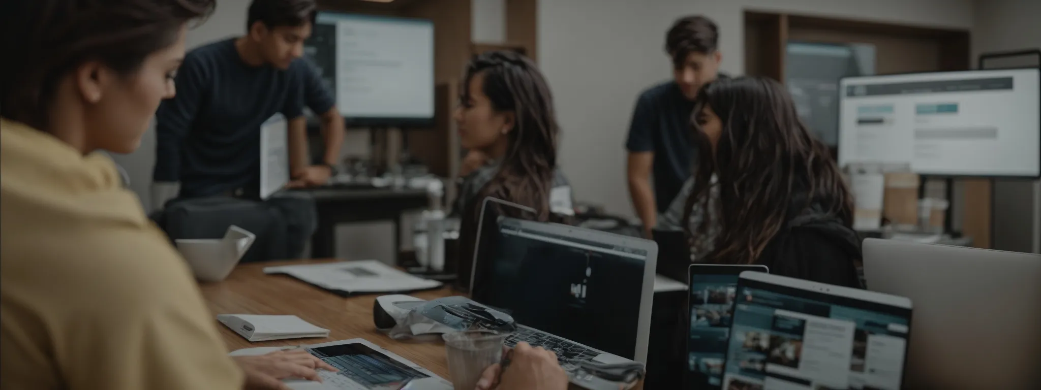 a website design meeting taking place with a focus on a user-friendly interface on a computer screen.