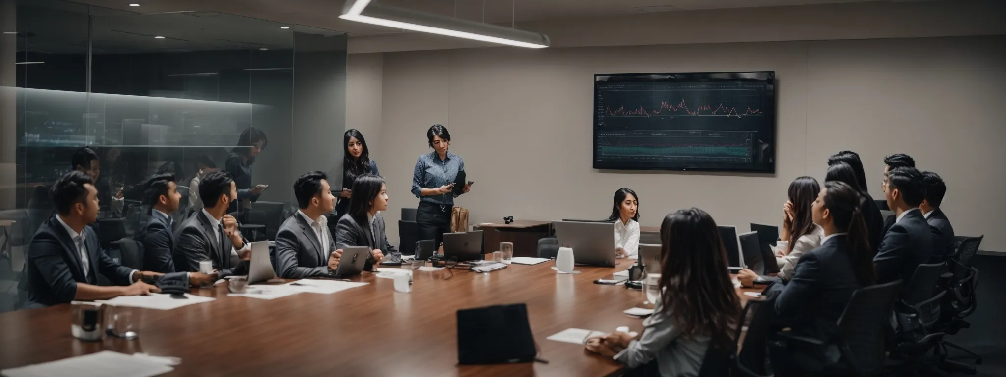 a professional meeting room with a dynamic digital marketing team analyzing graphs showing website traffic growth.