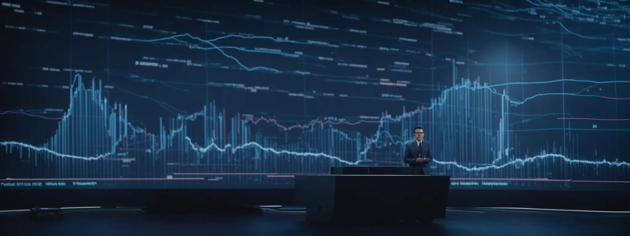Business analyst presenting in front of a massive digital screen displaying complex financial charts and data visualizations