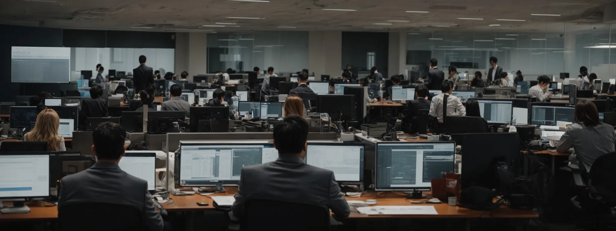 a bustling office with focused professionals analyzing data and optimizing websites on computer screens.
