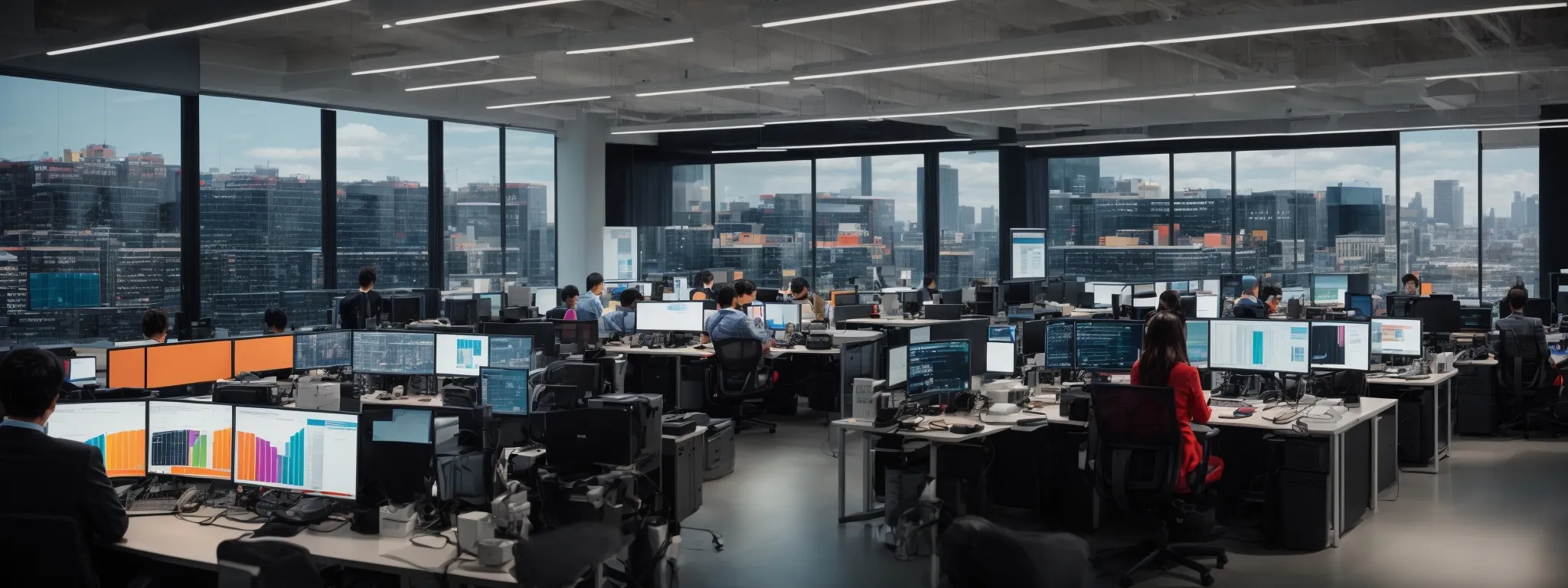 a wide view of a modern office with people working on computers and large screens displaying colorful graphs and web analytics.