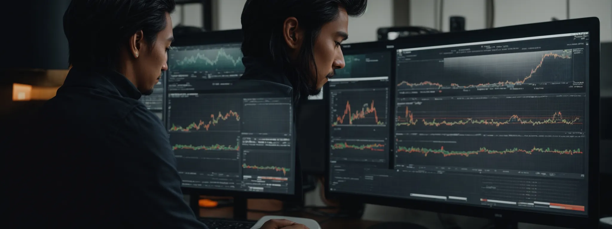 a digital marketer analyzes graphs on a computer screen, reflecting the growth in website traffic due to enhanced seo and sem strategies.