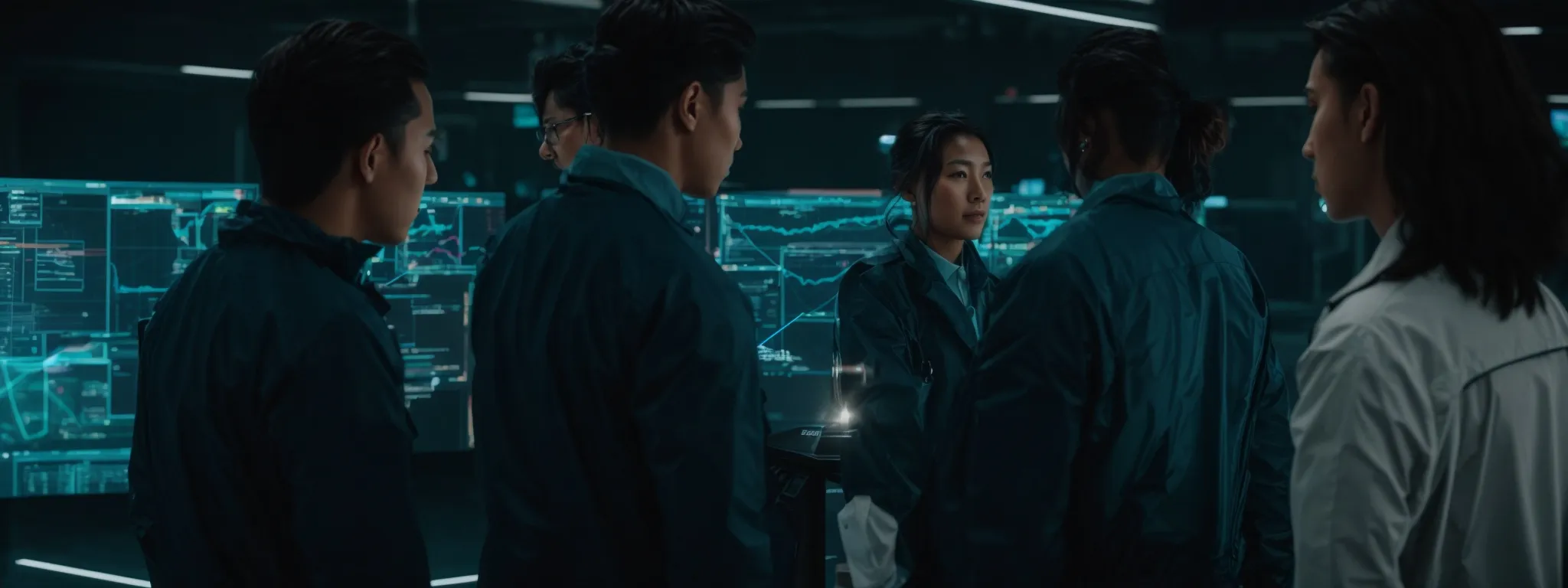 a forward-facing team gathered around a holographic display showing dynamic analytics and futuristic digital strategies.