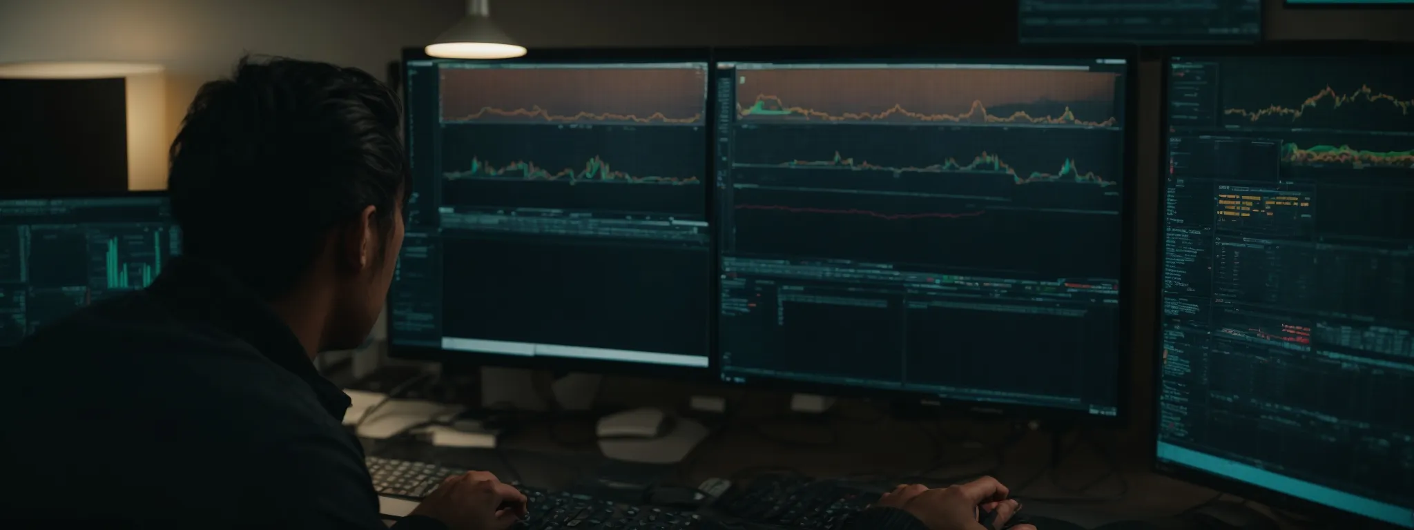 a person at a workstation analyzing data on a computer screen, reflecting strategic digital marketing planning.