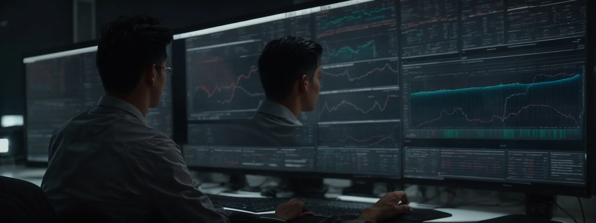 a focused individual studies a large dashboard displaying various seo metrics while interacting with an advanced ai interface.