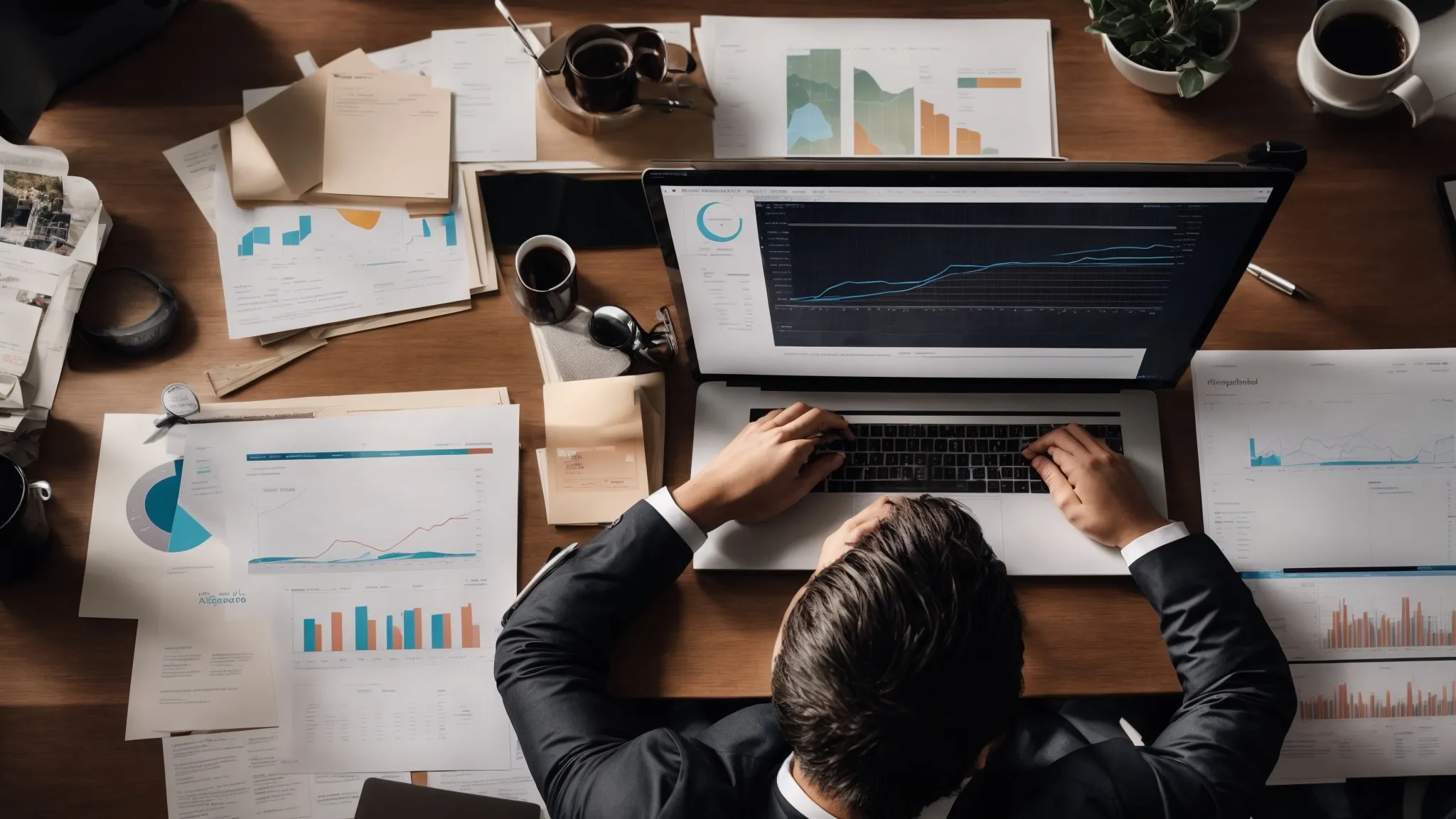 a person sitting at a desk with a computer displaying graphs of website analytics while surrounded by notes and seo strategy plans.