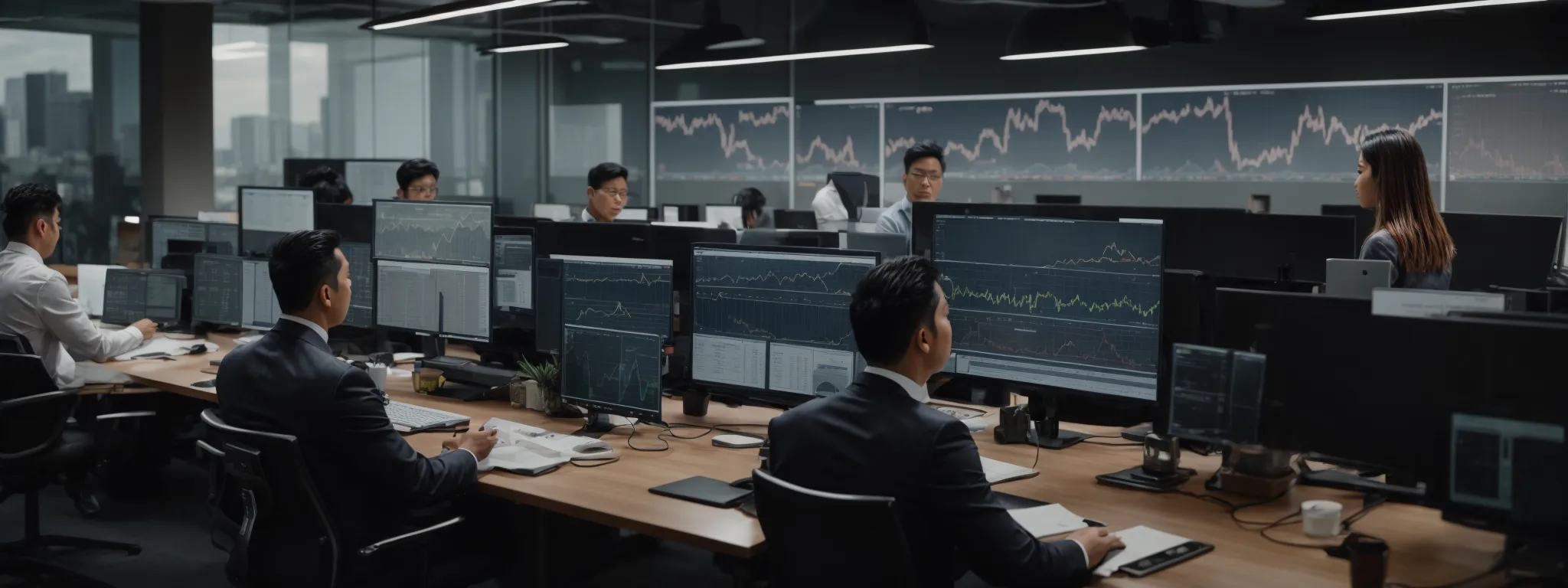 managers analyze real-time digital analytics dashboards, strategizing for optimization in a high-tech office.