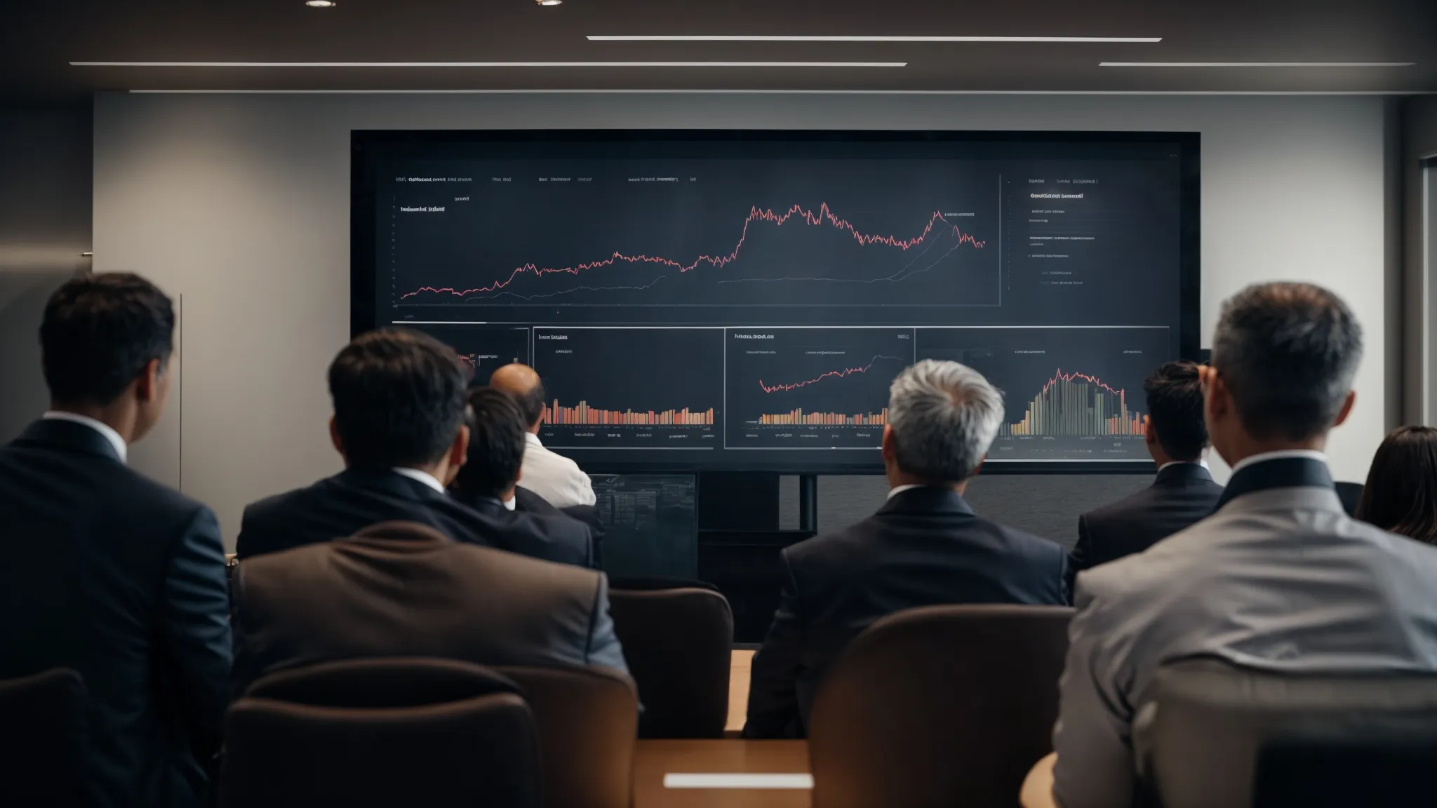 a professional presenting a digital data dashboard reflecting market trends to executives at an oil and gas company meeting.