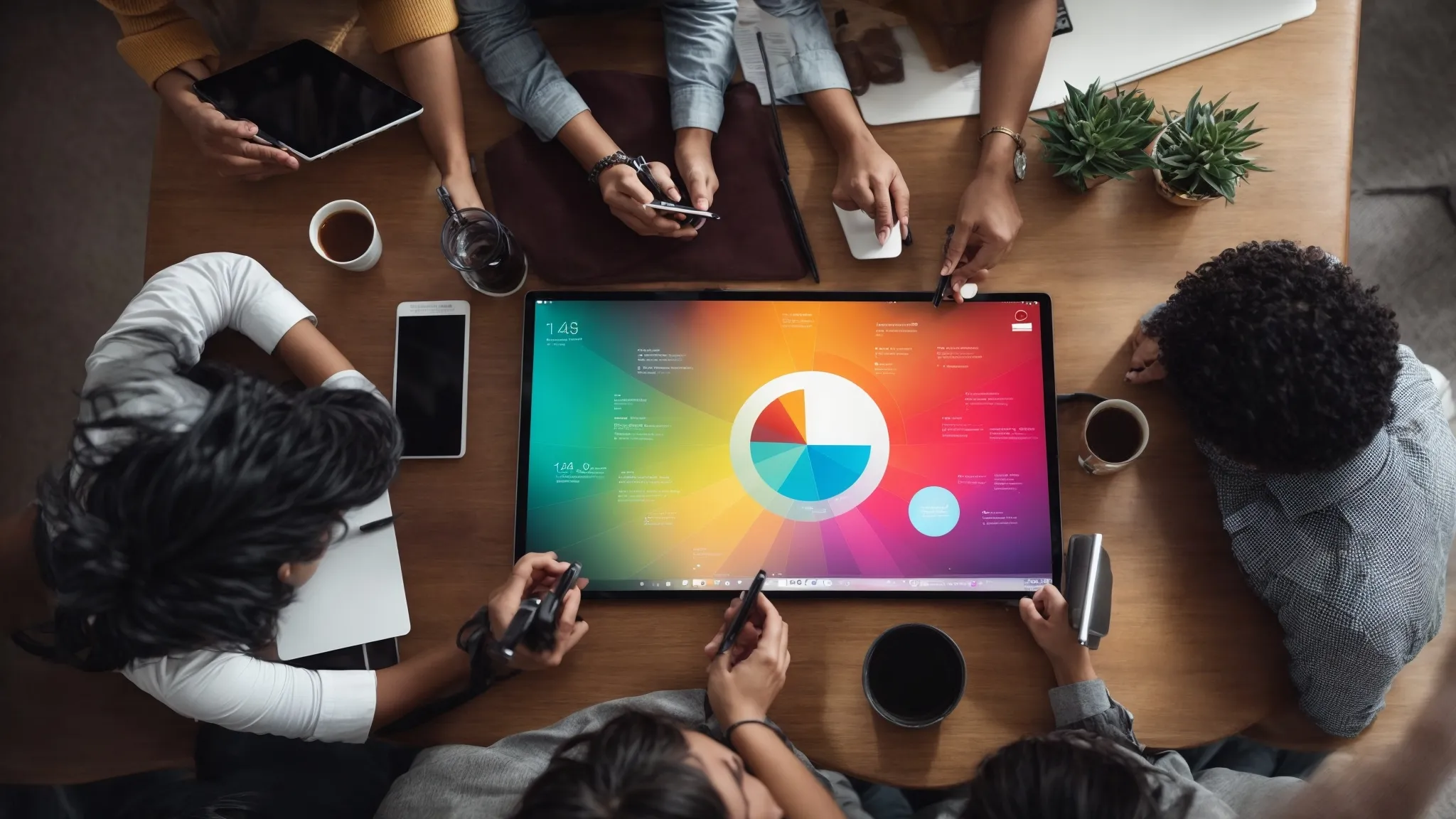 a diverse group of creative professionals brainstorming around a digital tablet displaying colorful graphs and marketing analytics.