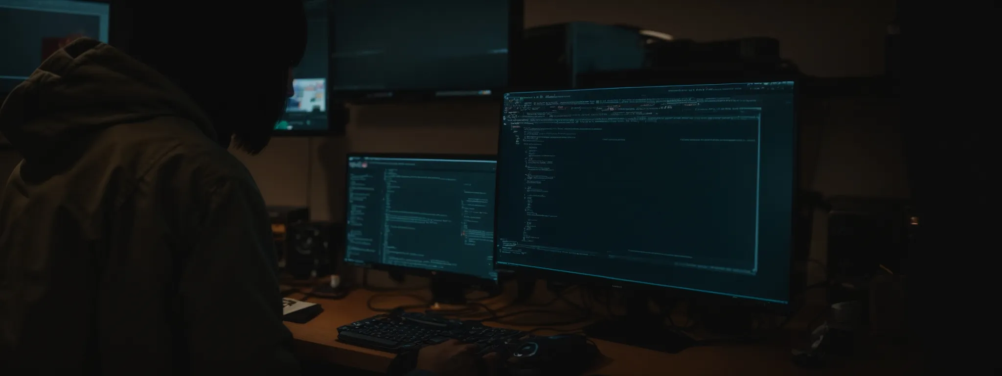 a web developer scrutinizes code on a computer screen while adjusting a website's backend settings.
