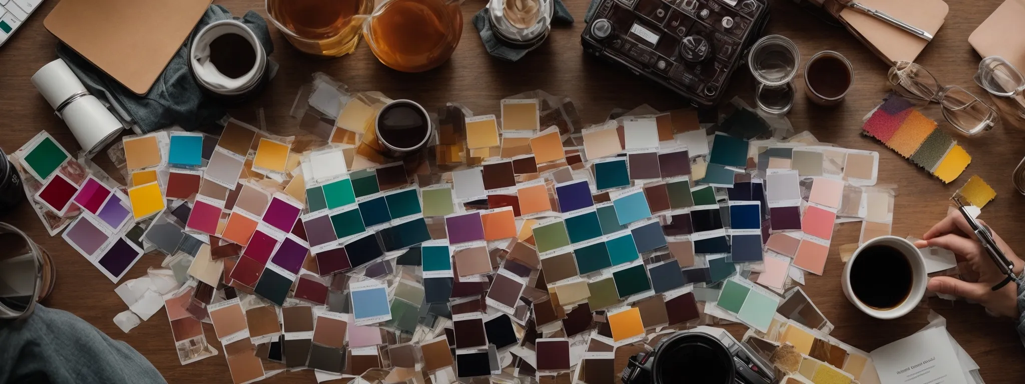 a diverse assortment of color swatches spread neatly on a marketer's workspace as they strategize seo adjustments.