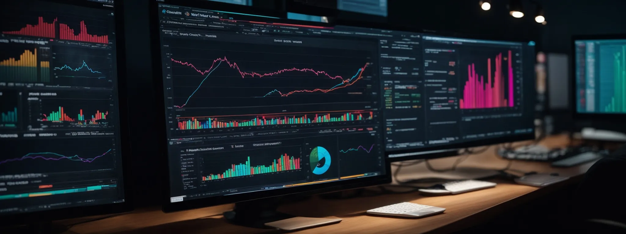 a computer screen displaying vibrant, complex analytics graphs related to website traffic and seo performance.