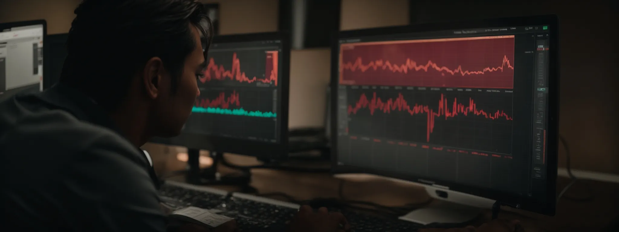 a digital marketer evaluating website traffic growth charts on a computer screen.