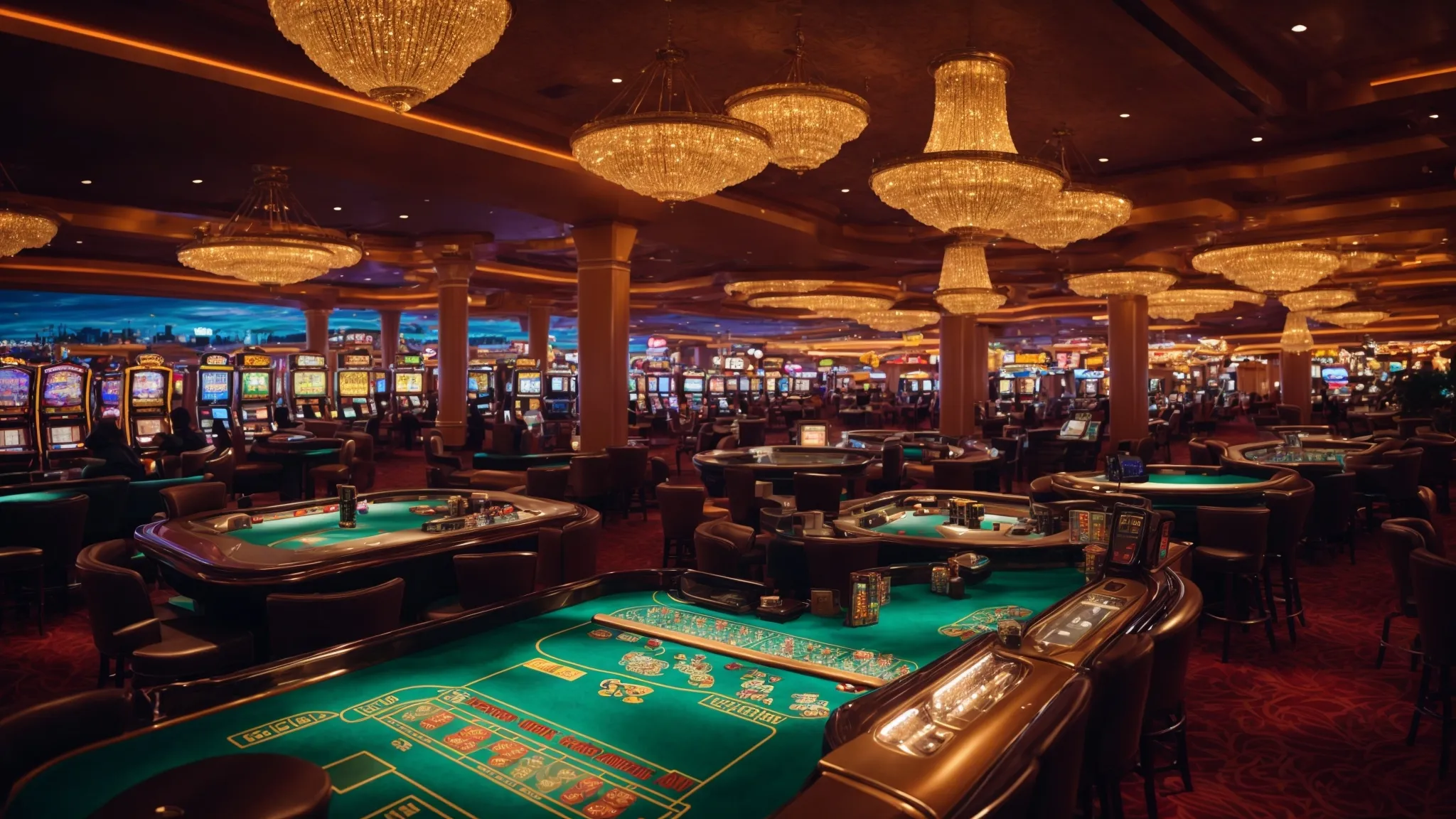 a vibrant casino floor bustling with a variety of slot machines and gaming tables surrounded by dazzling lights.