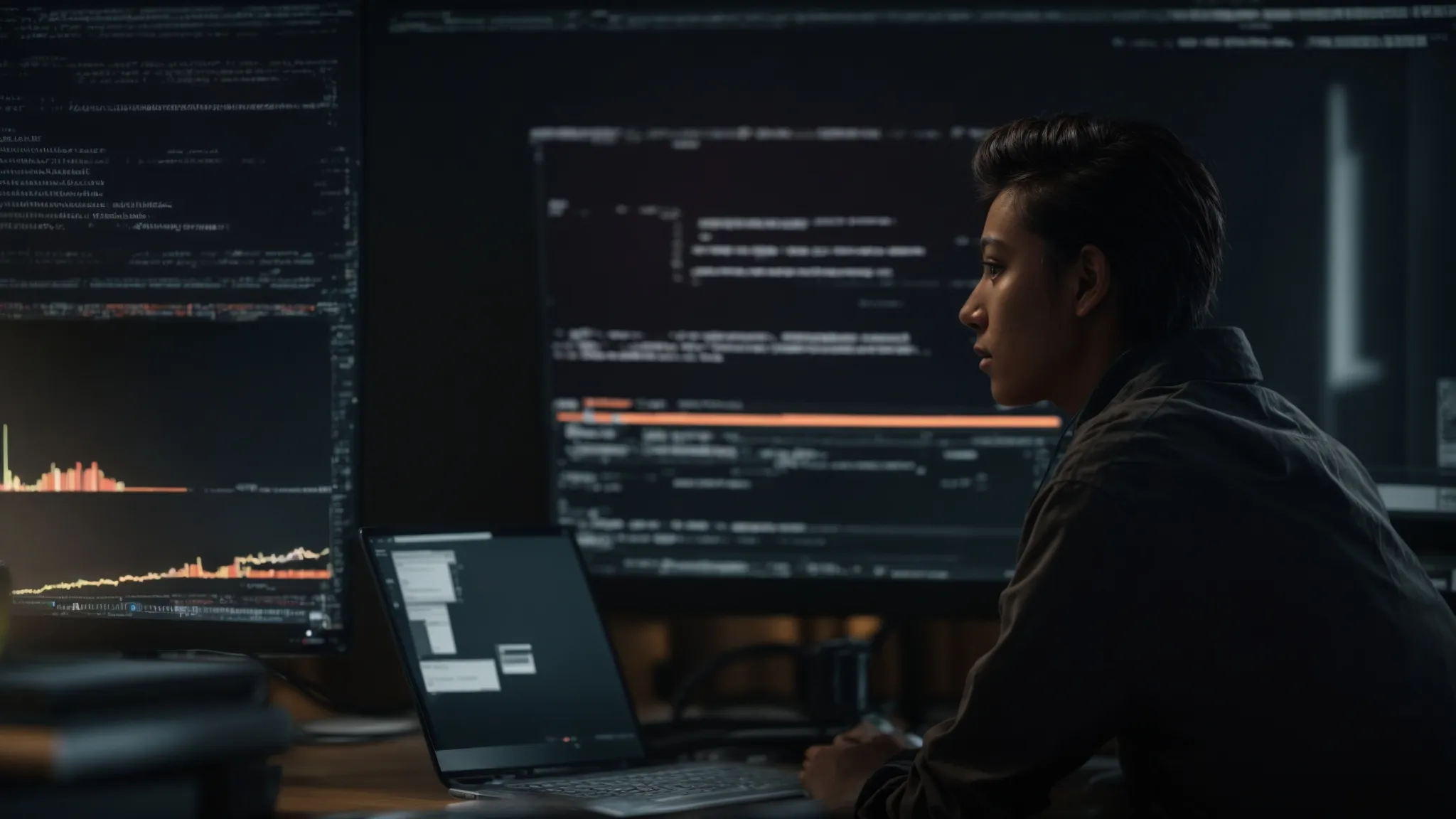 a person sitting at a computer with a web development interface on the screen, highlighting structured data markup.