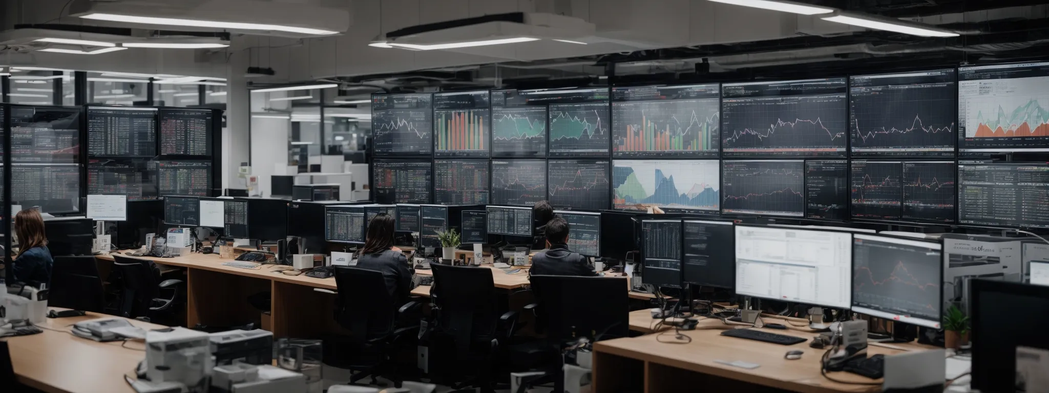 a bustling digital marketing office in the u.k., with multiple computer screens displaying data charts and analytics software.