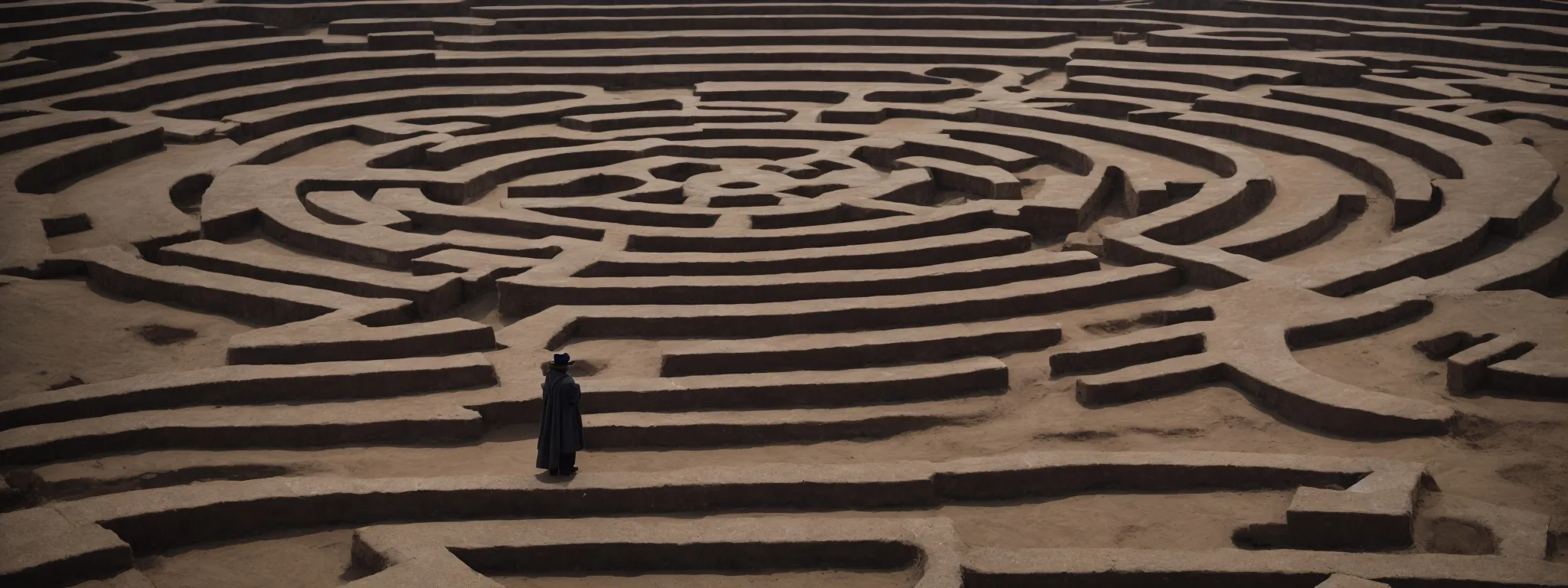 Person in dark clothing stands at the entrance of a large, intricate stone labyrinth.