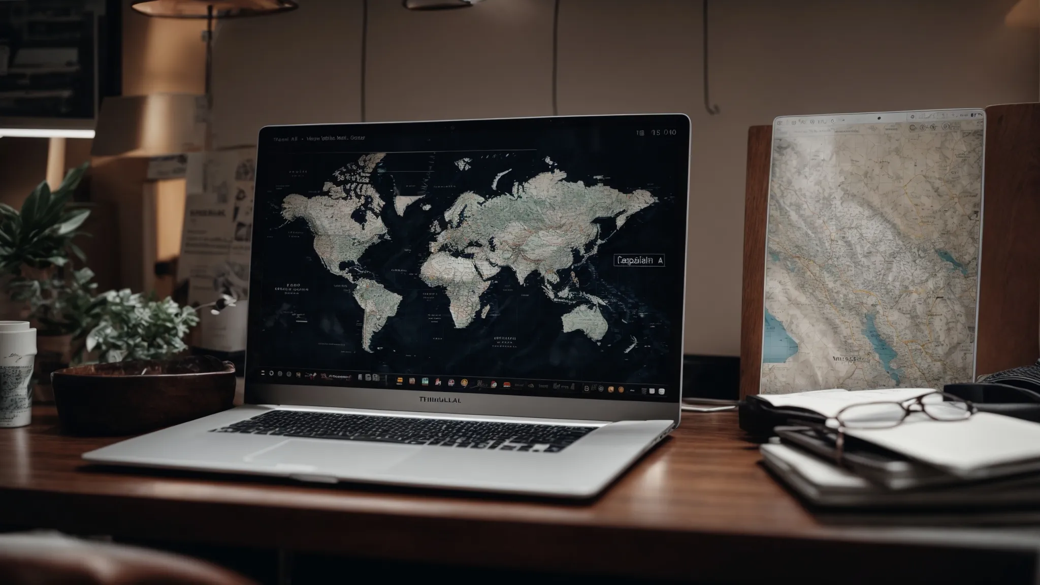 a laptop open on a desk, with virginia's map and a graph chart visible on the screen, amidst a bustling digital marketing office.