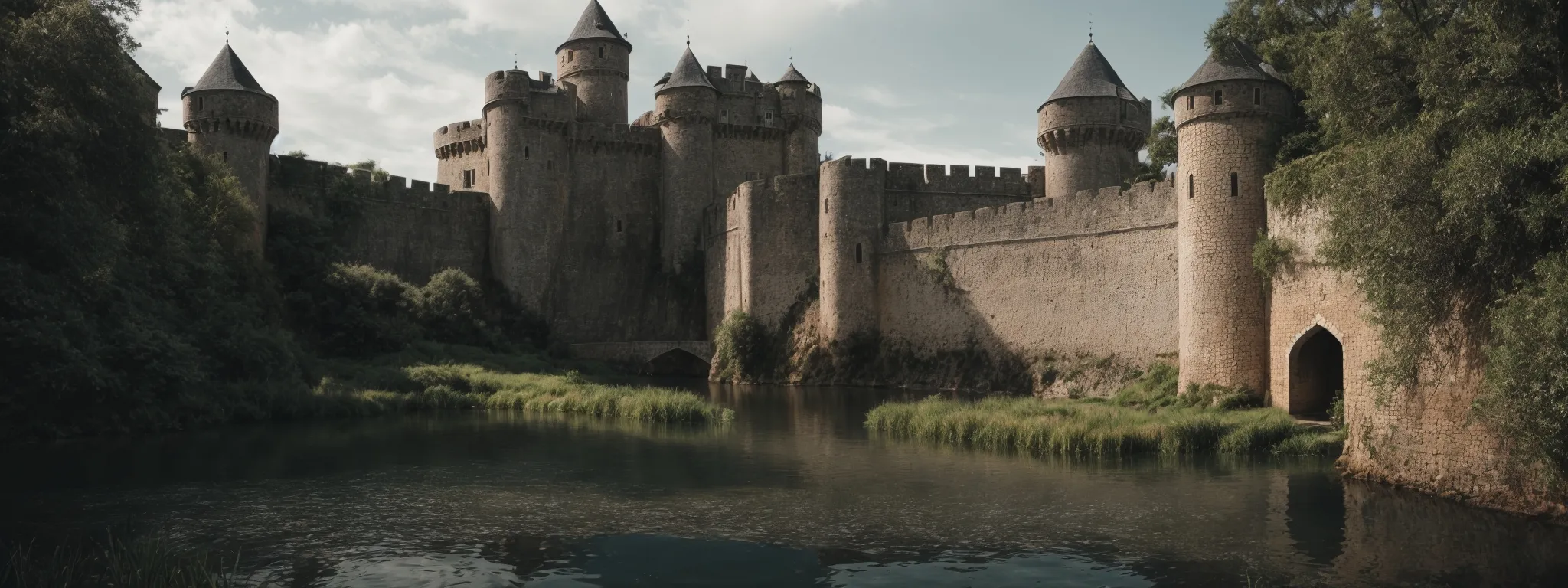 a digital fortress surrounded by a moat with secure gates, representing the protection of a website.
