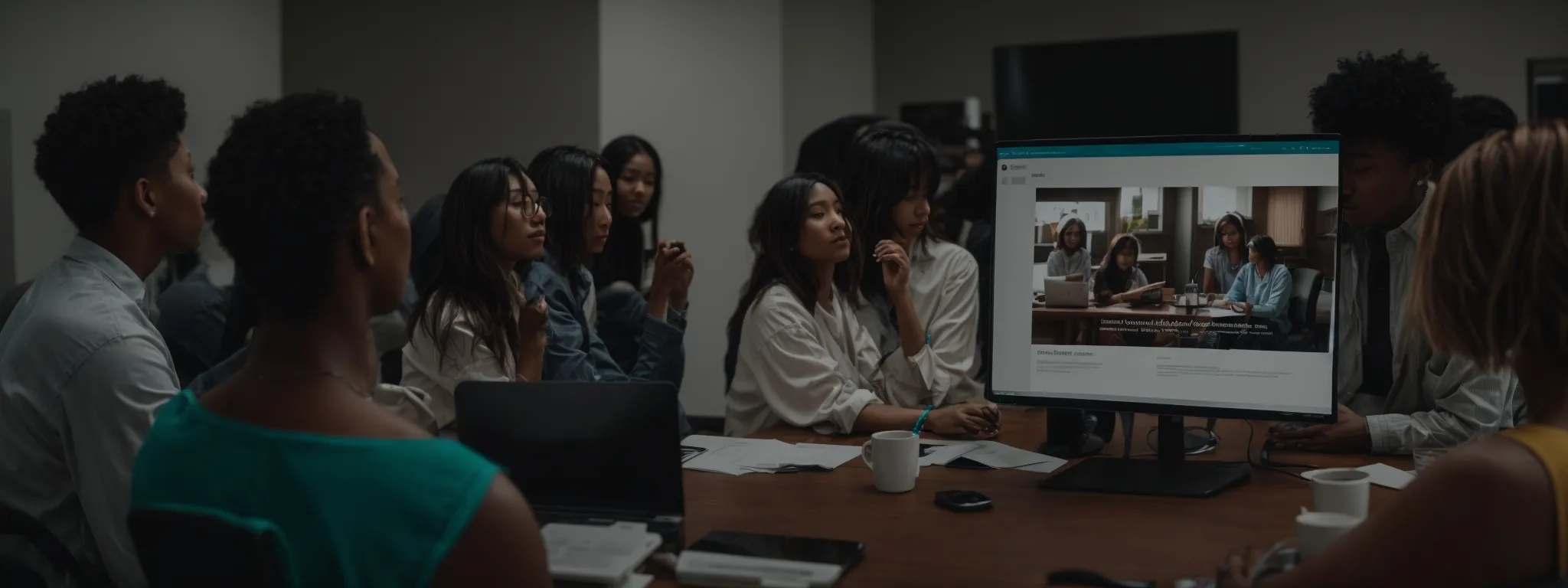 a diverse group of people seated around a modern, accessible website interface displayed on a monitor, indicating an inclusive web design workshop.