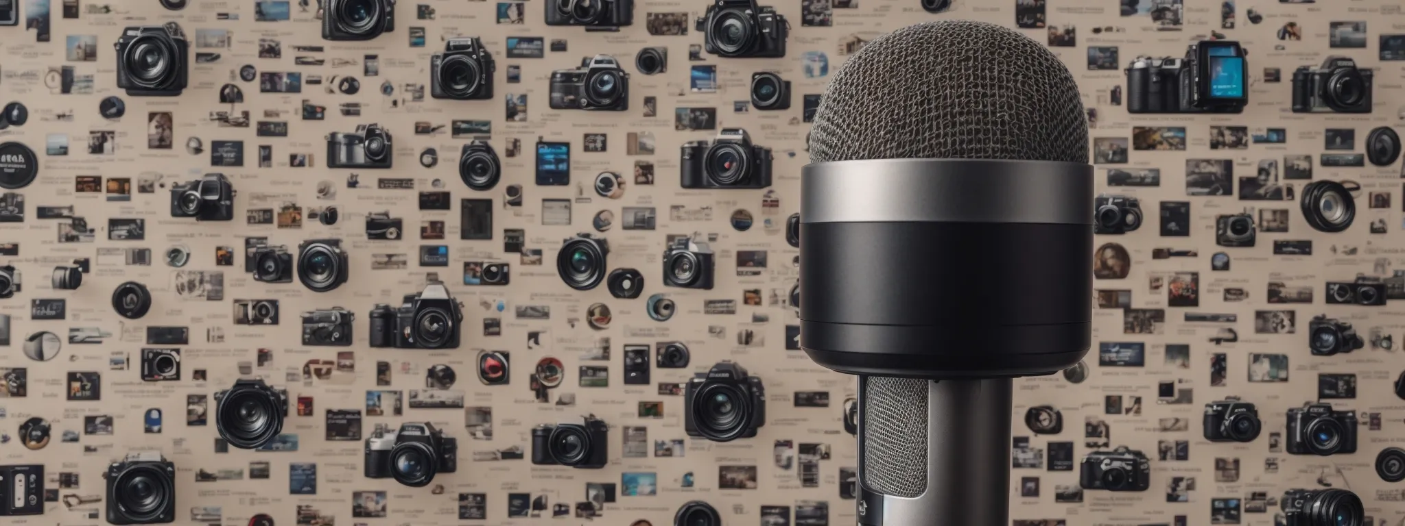 a microphone surrounded by a network of social media icons against a backdrop of search engine graphics.