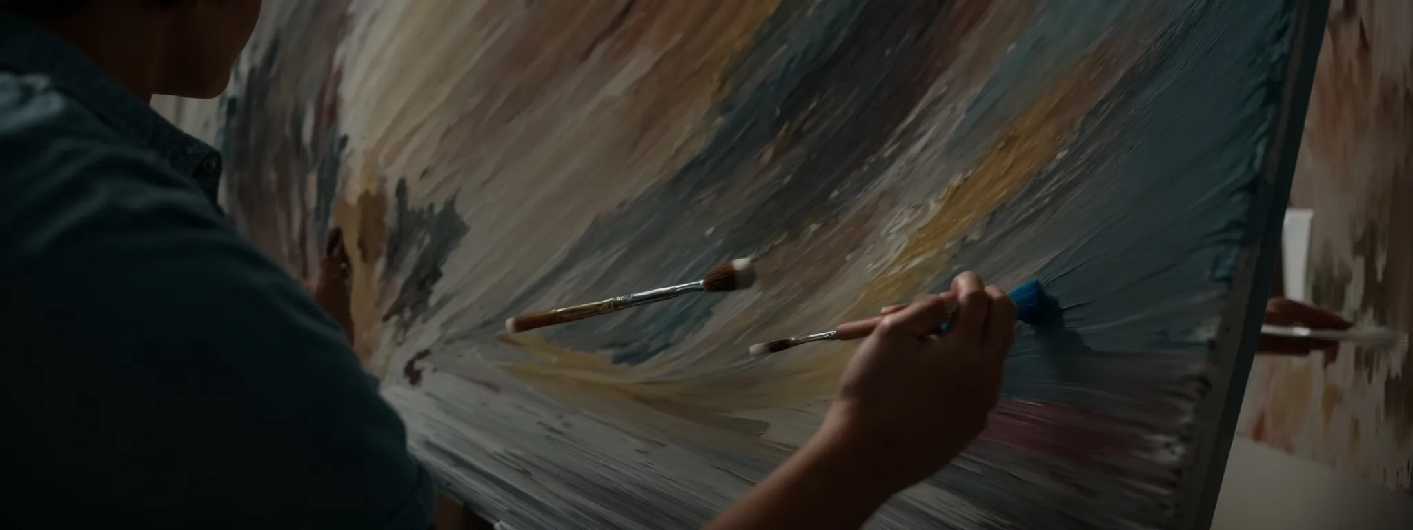 an artist thoughtfully brushing paint onto a canvas in a sunlit studio, symbolizing the creation of engaging content for a digital audience.