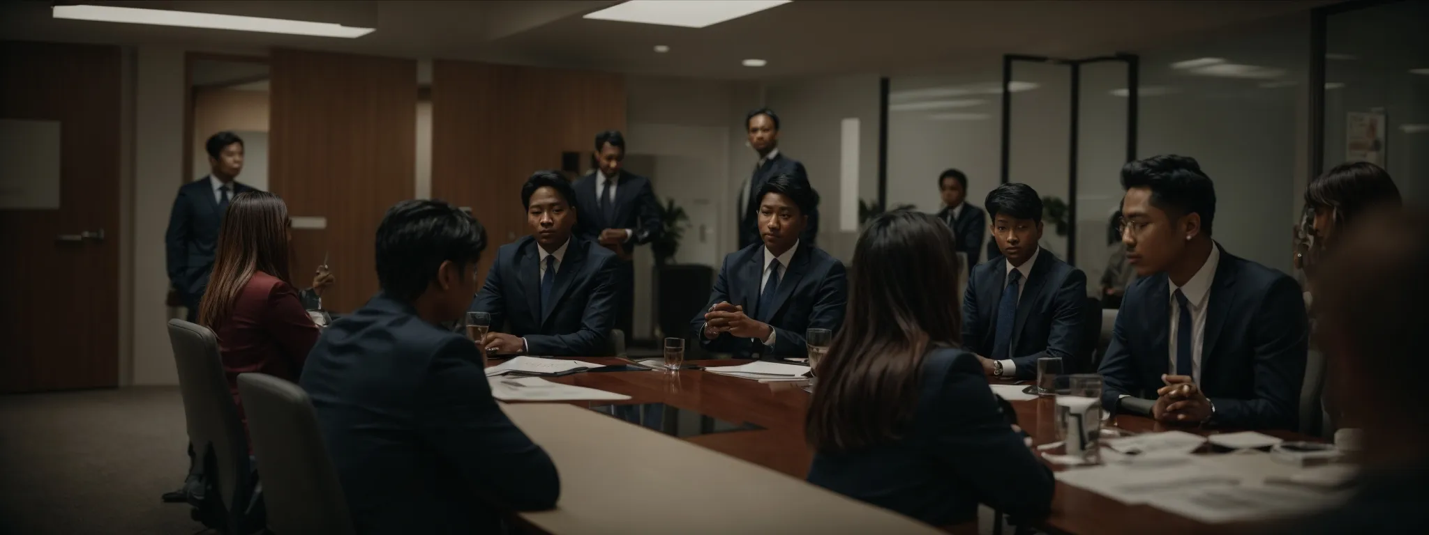 a team gathered around a conference table, engaging in an attentive group discussion.