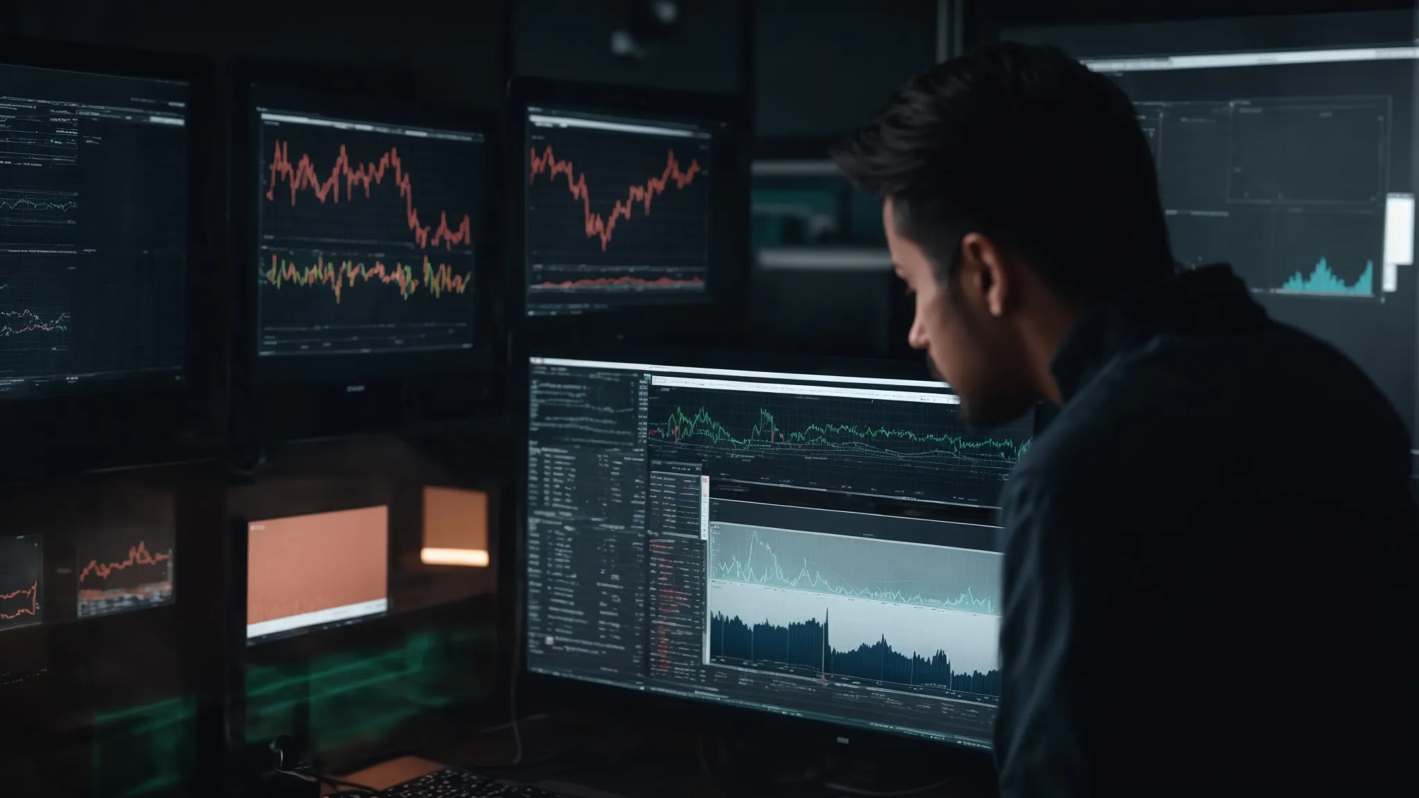 a person intently studies analytics on a computer screen displaying website data charts and graphs.