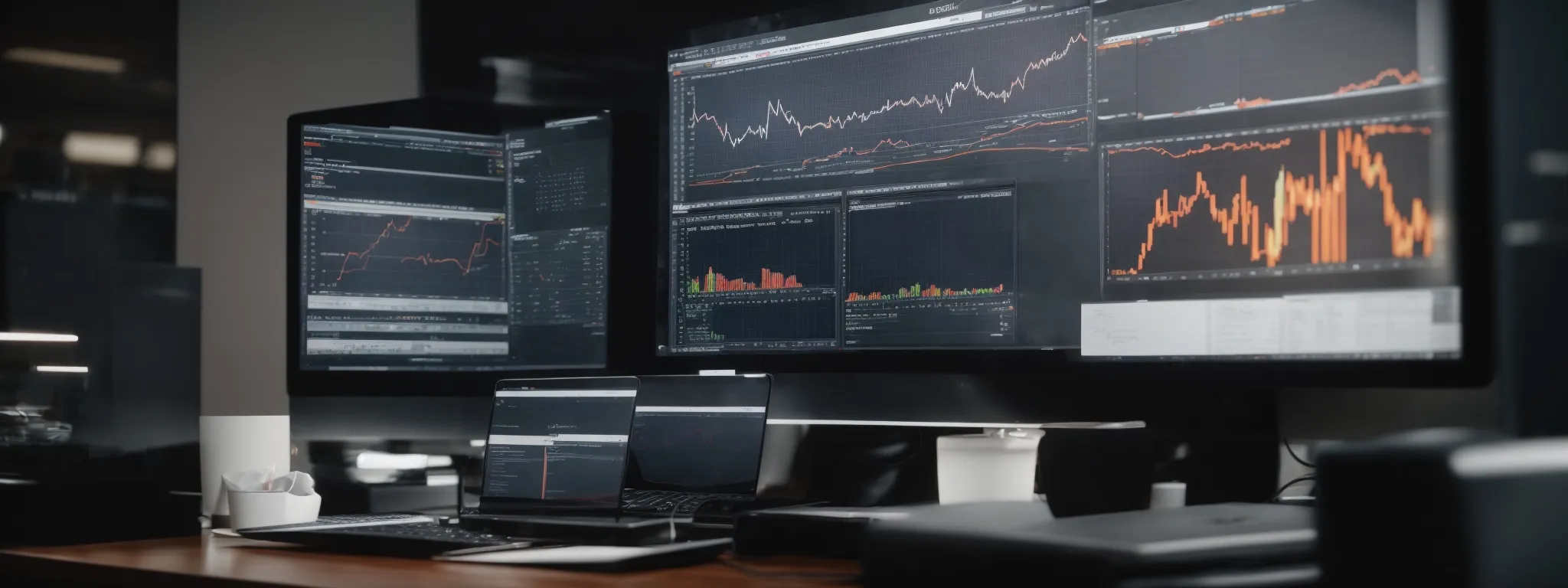 a computer screen displaying graphs and website analytics in an office setting.