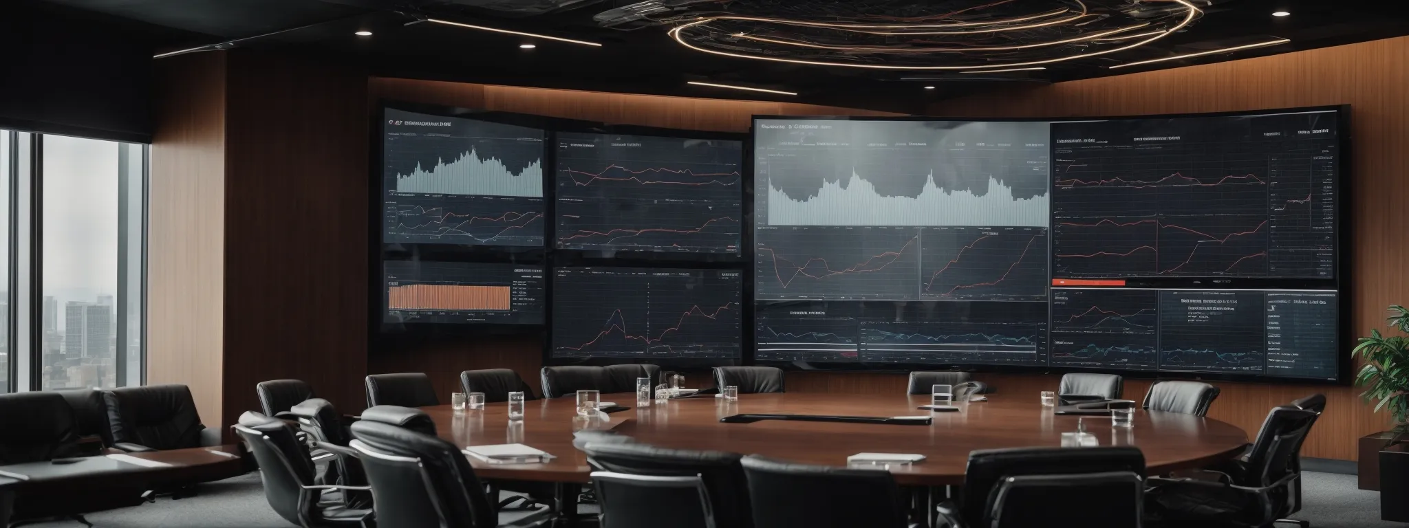 a corporate meeting room with a large screen displaying graphs and website analytics.