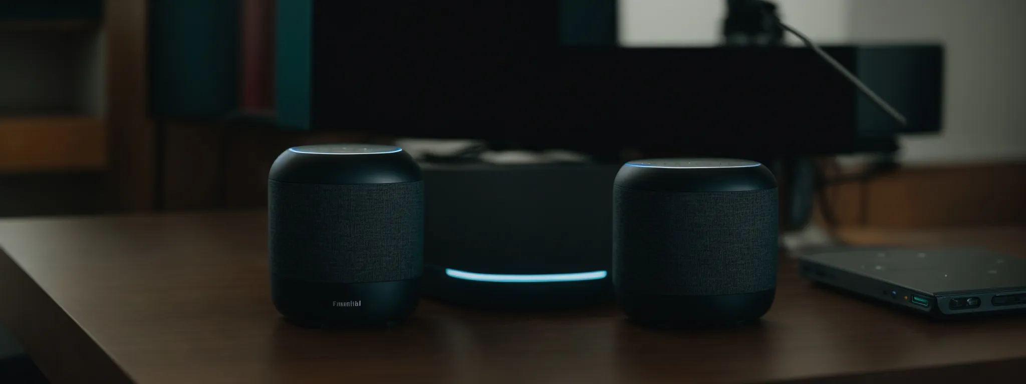 a person speaking into a smart speaker on a clean desk, with the speaker's light activated indicating a search query is being processed.