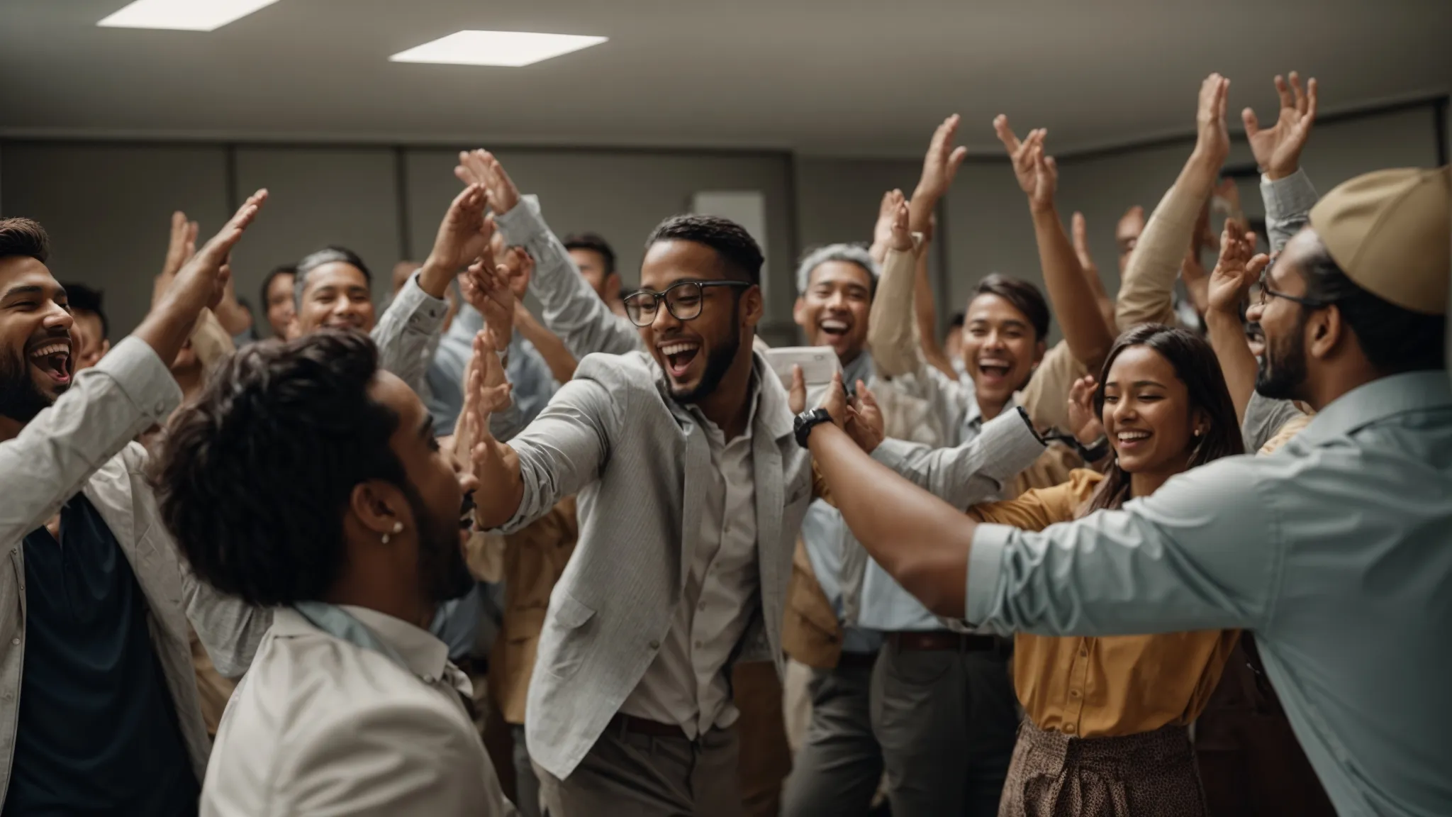 a jubilant team celebrates in their office with high-fives after securing a major funding milestone.