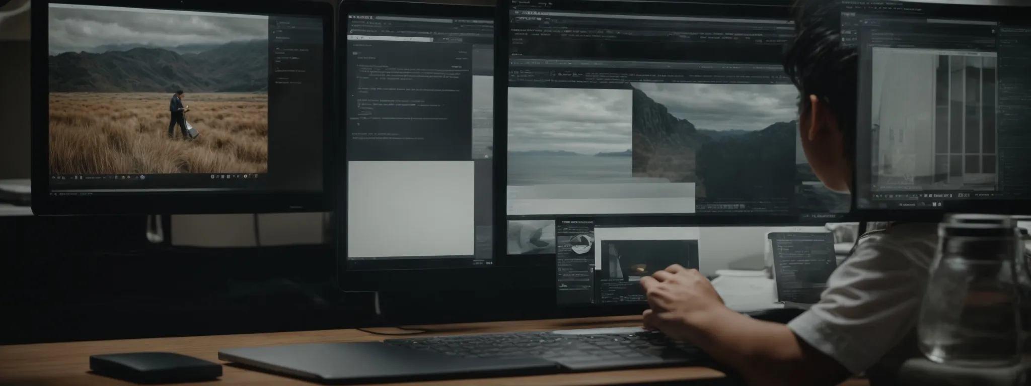 a web designer closely examines interface layout on a computer screen, tweaking the user interface elements for optimal user engagement.