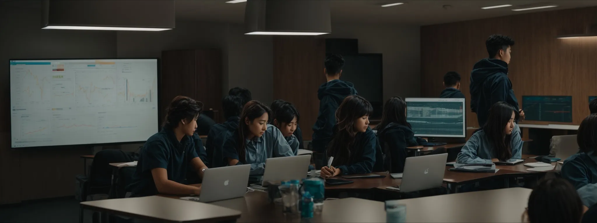 a group of students gather in a contemporary classroom with laptops displaying charts and marketing analytics.