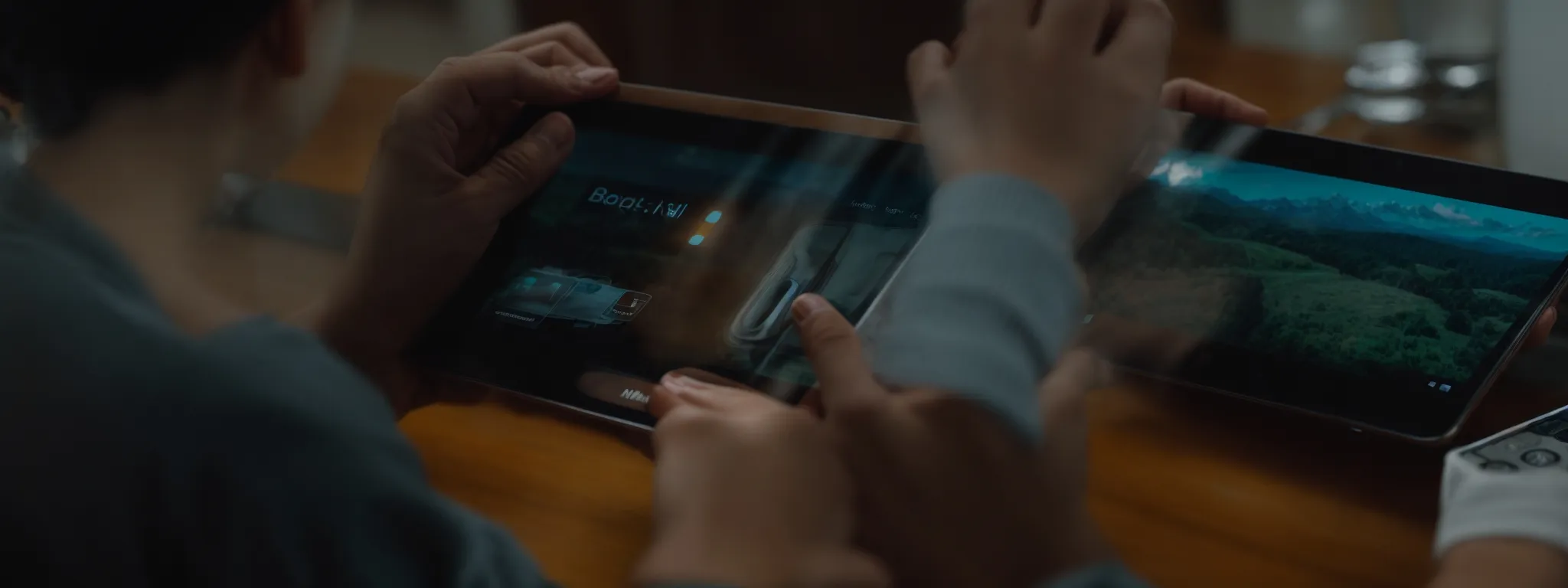 a user intently clicks a vibrant ad on their tablet, whisked away to a sleek, fast-loading webpage with a prominent 