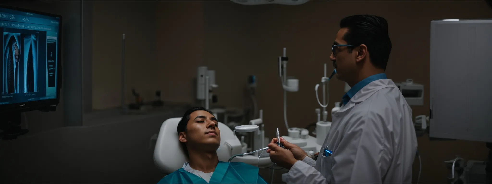 A dentist prepares to treat a patient reclining in a dental chair, with dental equipment and an X-ray visible in the background—ideal imagery for SEO for Dentists looking to enhance their online presence.