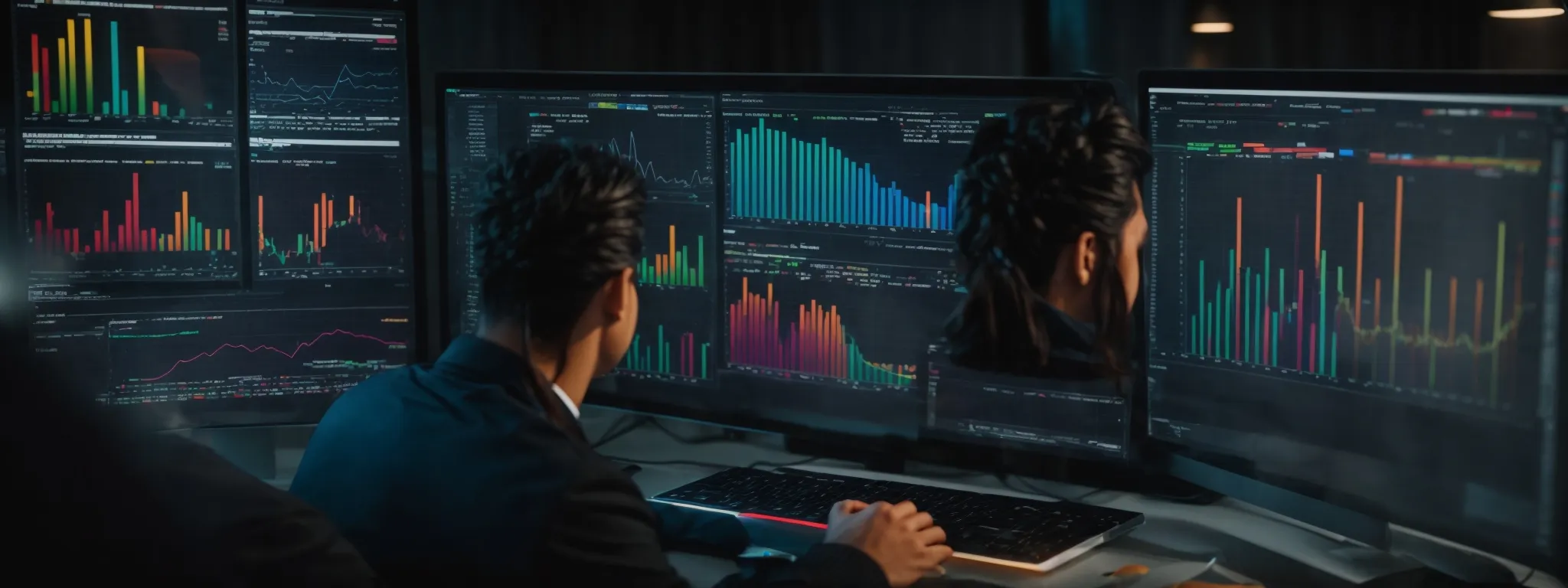 a person sits at a computer with multiple colorful graphs and charts on the screen, illustrating data analysis for seo keyword research.