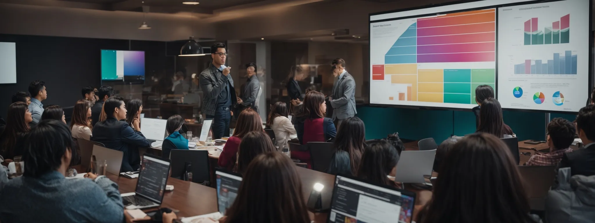 a marketer showcases a colorful infographic to a group of professionals on a large monitor during a digital marketing workshop.