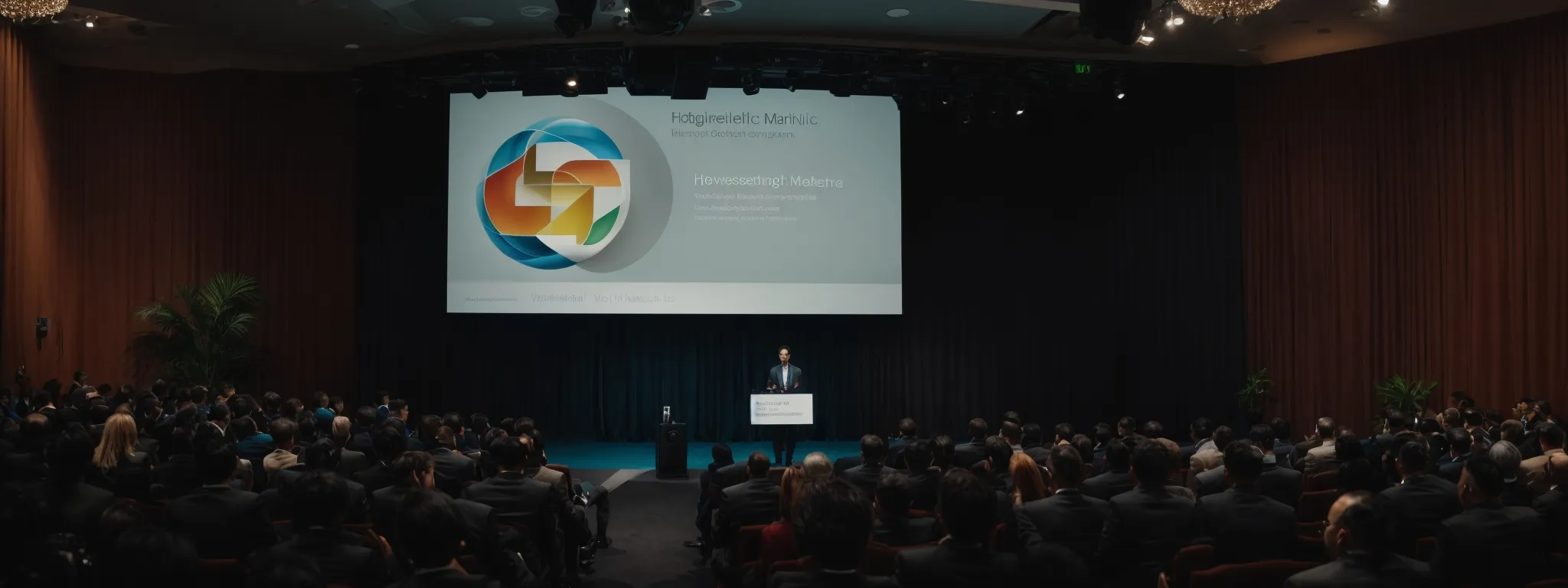 a speaker presents at a digital marketing conference with a screen displaying a search engine results page.