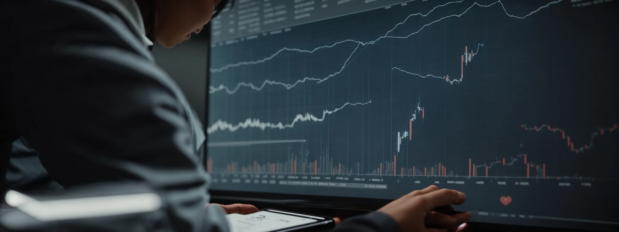a professional analyzing graphs on a mobile device to improve website performance.
