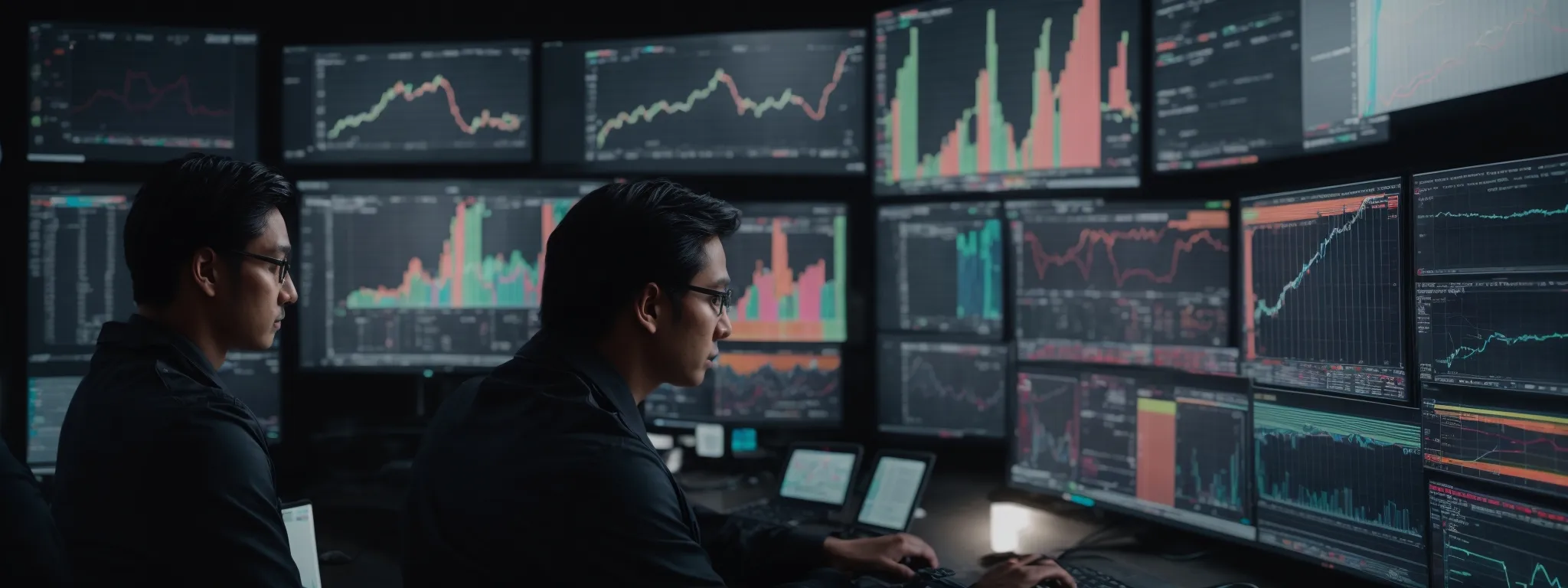 a team of professionals intently surveys a large dashboard displaying colorful graphs and data analytics projections.