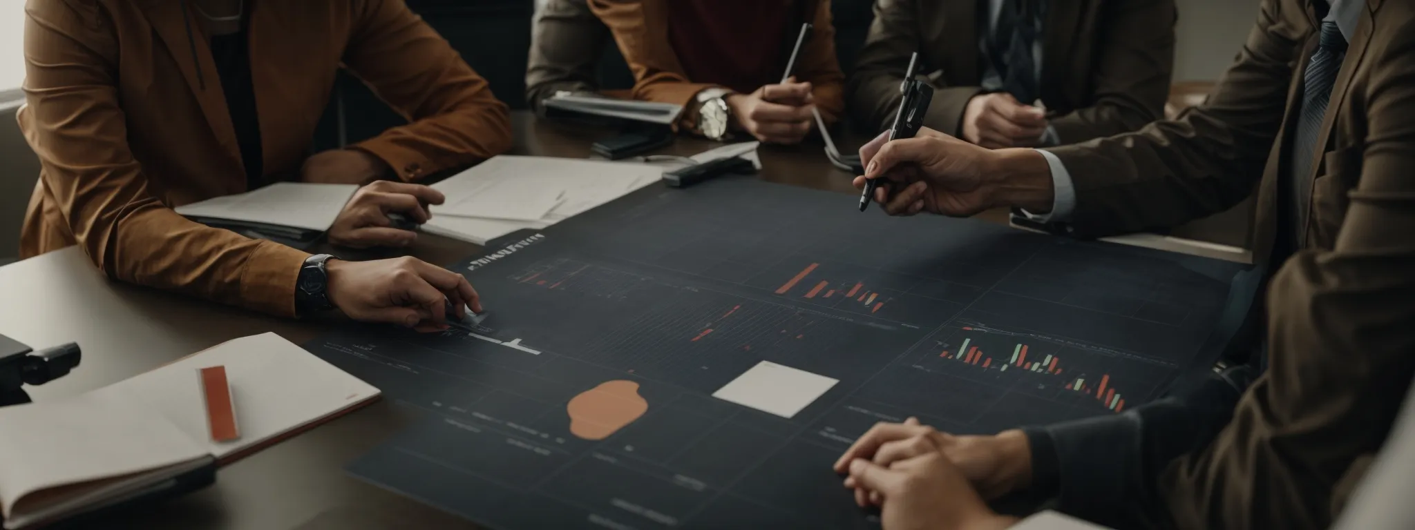 a team meeting around a table, considering graphs and charts demonstrating diverse consumer behaviors.