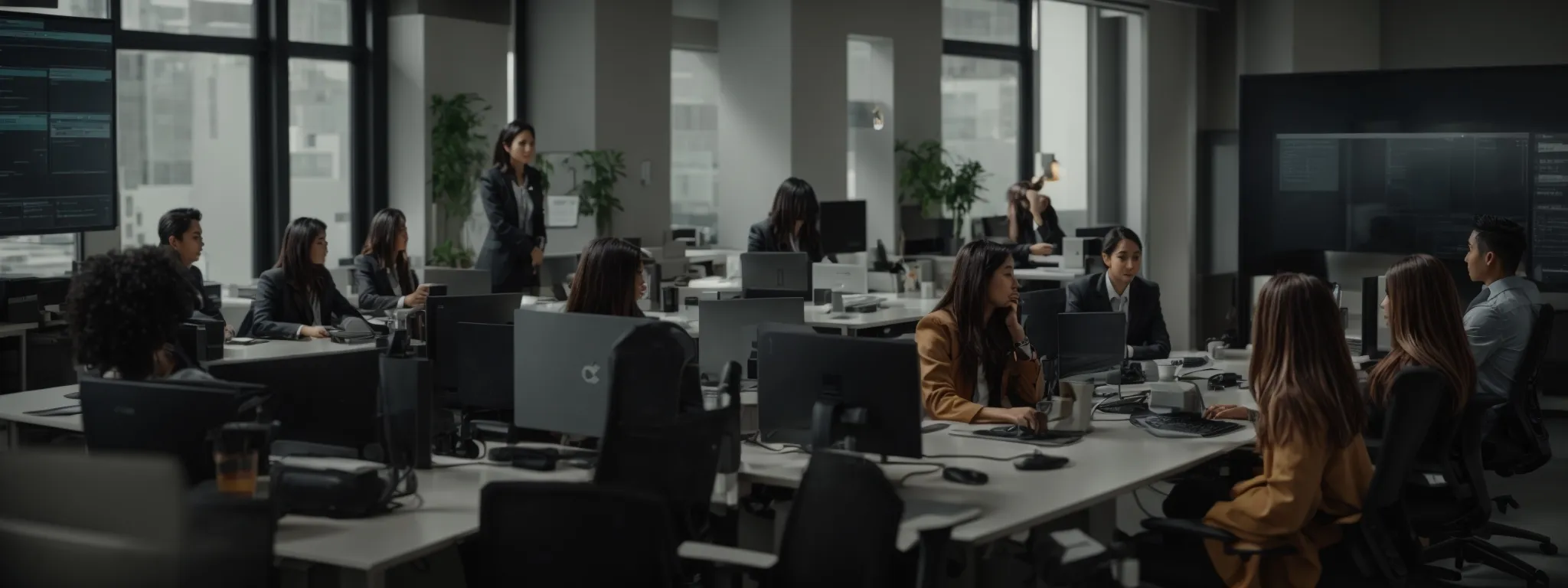 a modern office environment with a diverse team collaborating around a digital screen, discussing a content strategy.