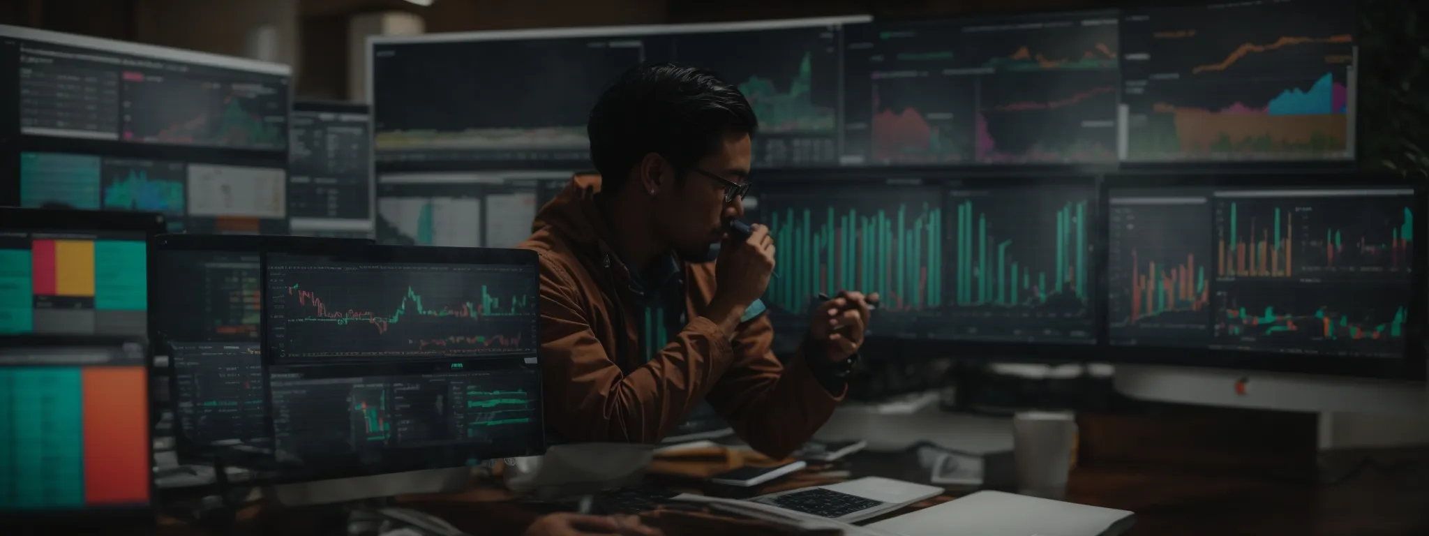 a focused entrepreneur reviews a colorful data analytics dashboard on a computer screen to refine an seo strategy.