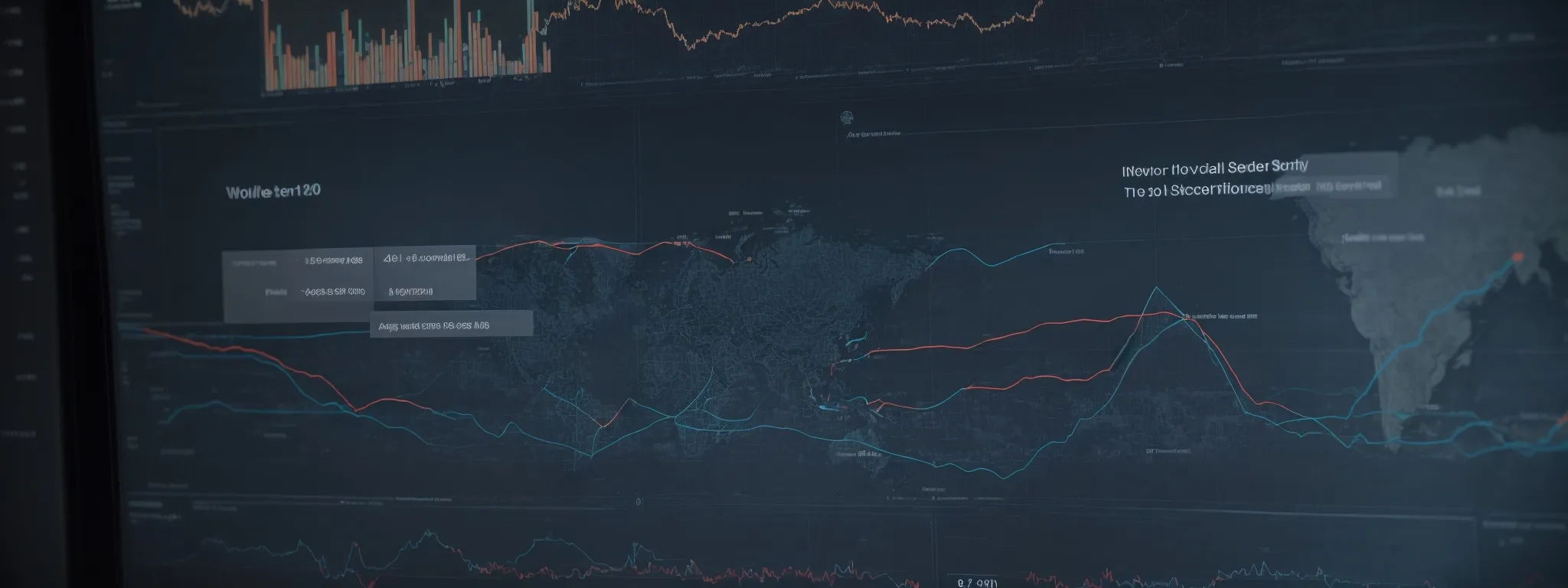 a computer screen displaying analytics and graphs alongside a world map, symbolizing an seo marketing strategy analysis.