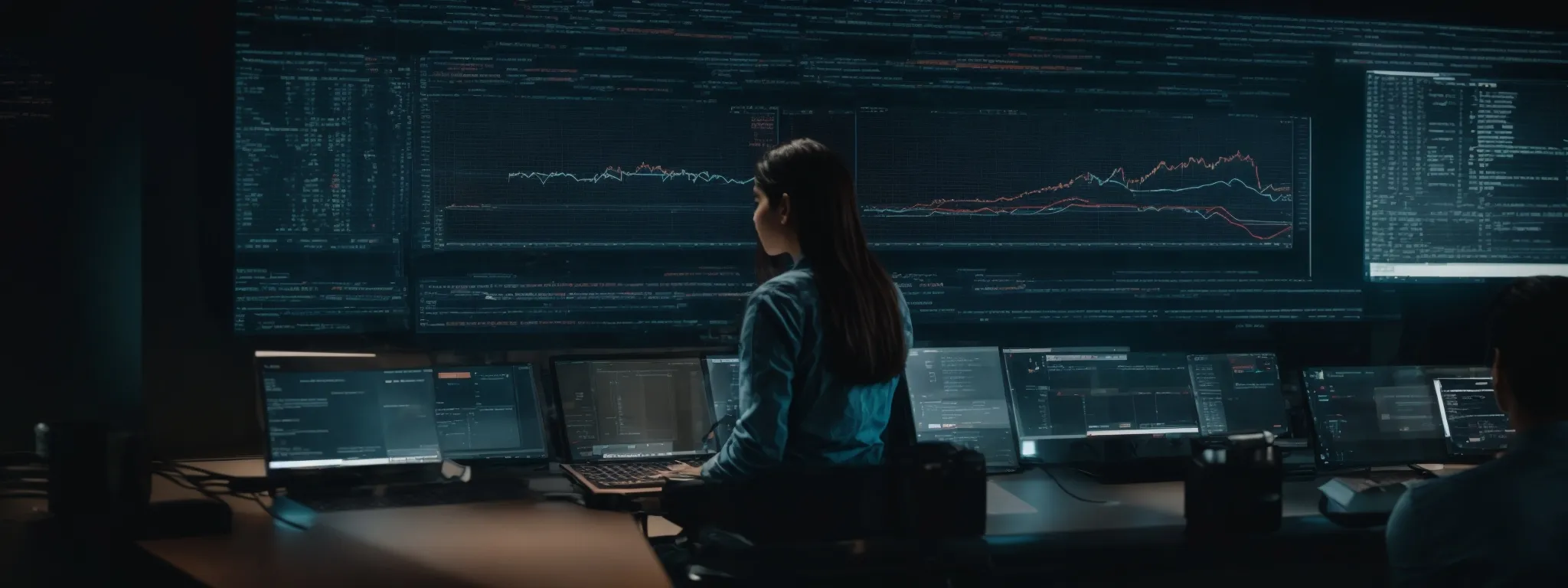 a person viewing comprehensive keyword analytics on a futuristic ai-powered computer interface.